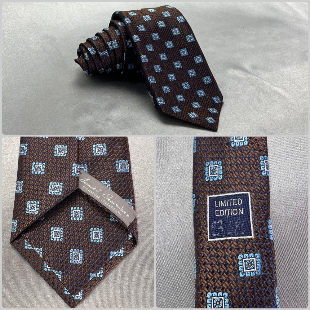 Daniel Cremieux Signature Limited Edition Brown Blue Geometric Silk Tie Italy